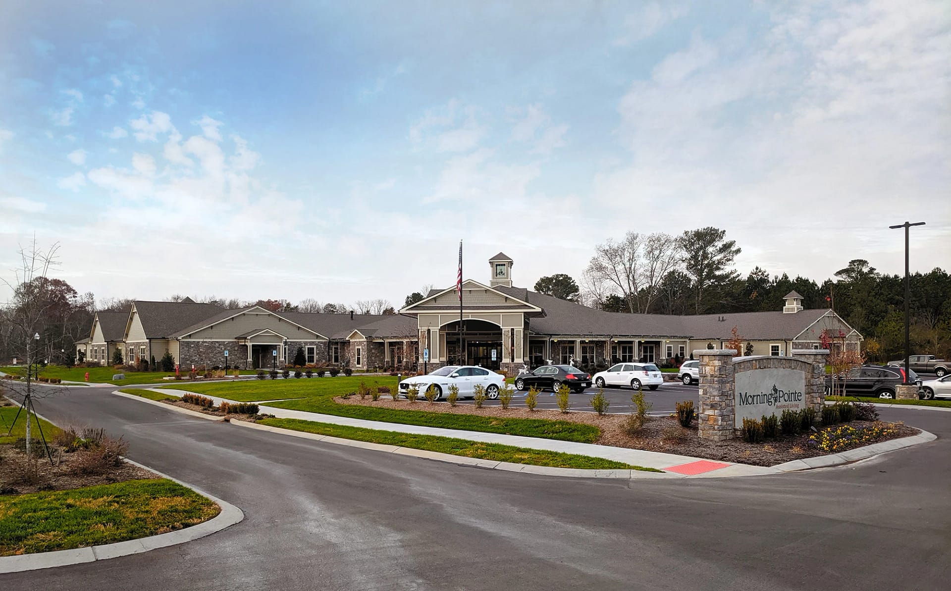 East Hamilton campus exterior shot of building and parking lot