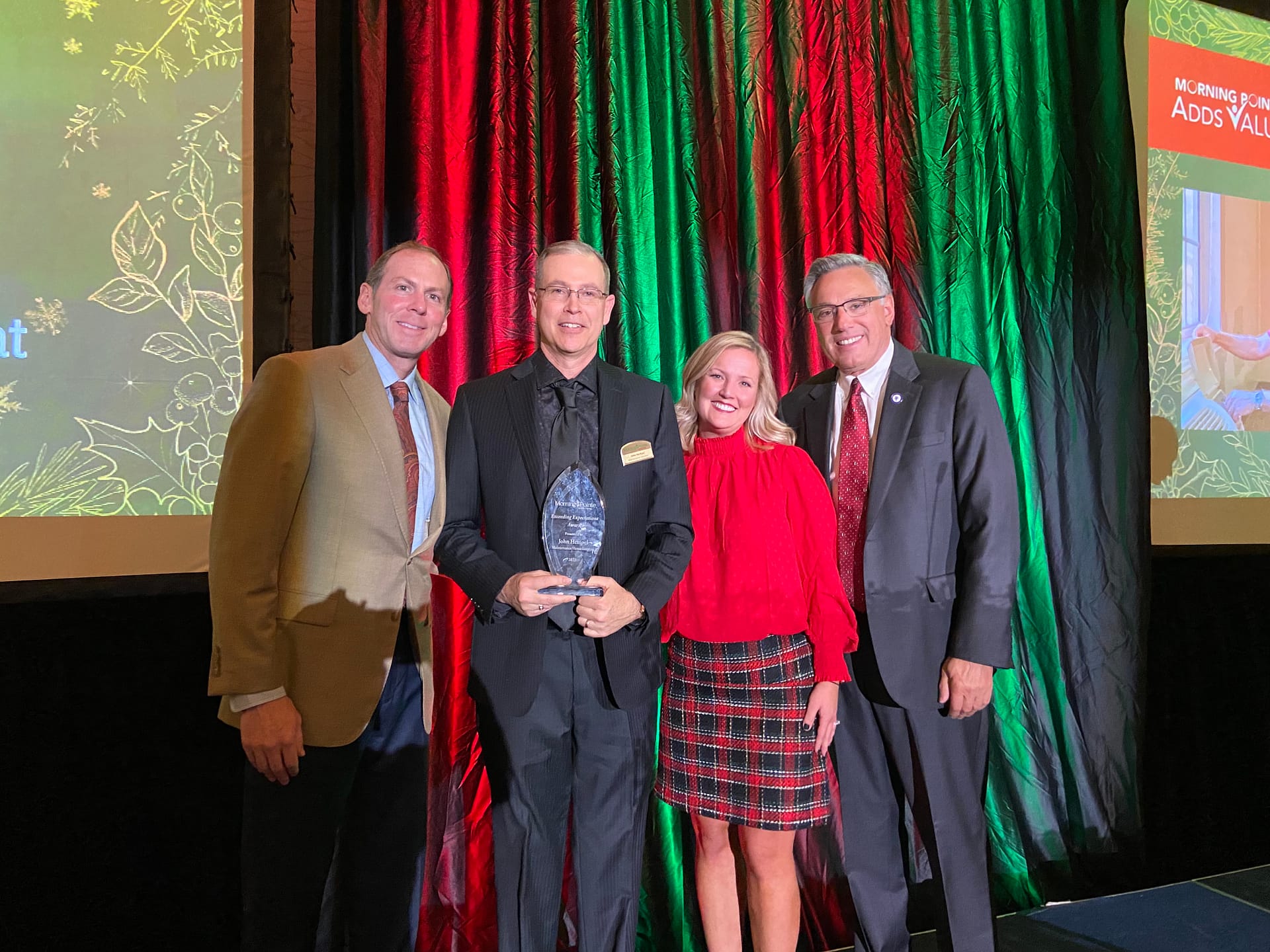 Photo, Left to right: Franklin Farrow, Morning Pointe Senior Living Co-Founder and CEO; John Hempel, Maintenance Director at Morning Pointe of Collegedale at Greenbriar Cove and Exceeding Expectations winner for Maintenance/Housekeeping; Abby Medley, Vice President of Morning Pointe's Appalachian Region; and Greg A. Vital, Morning Pointe Co-Founder and President