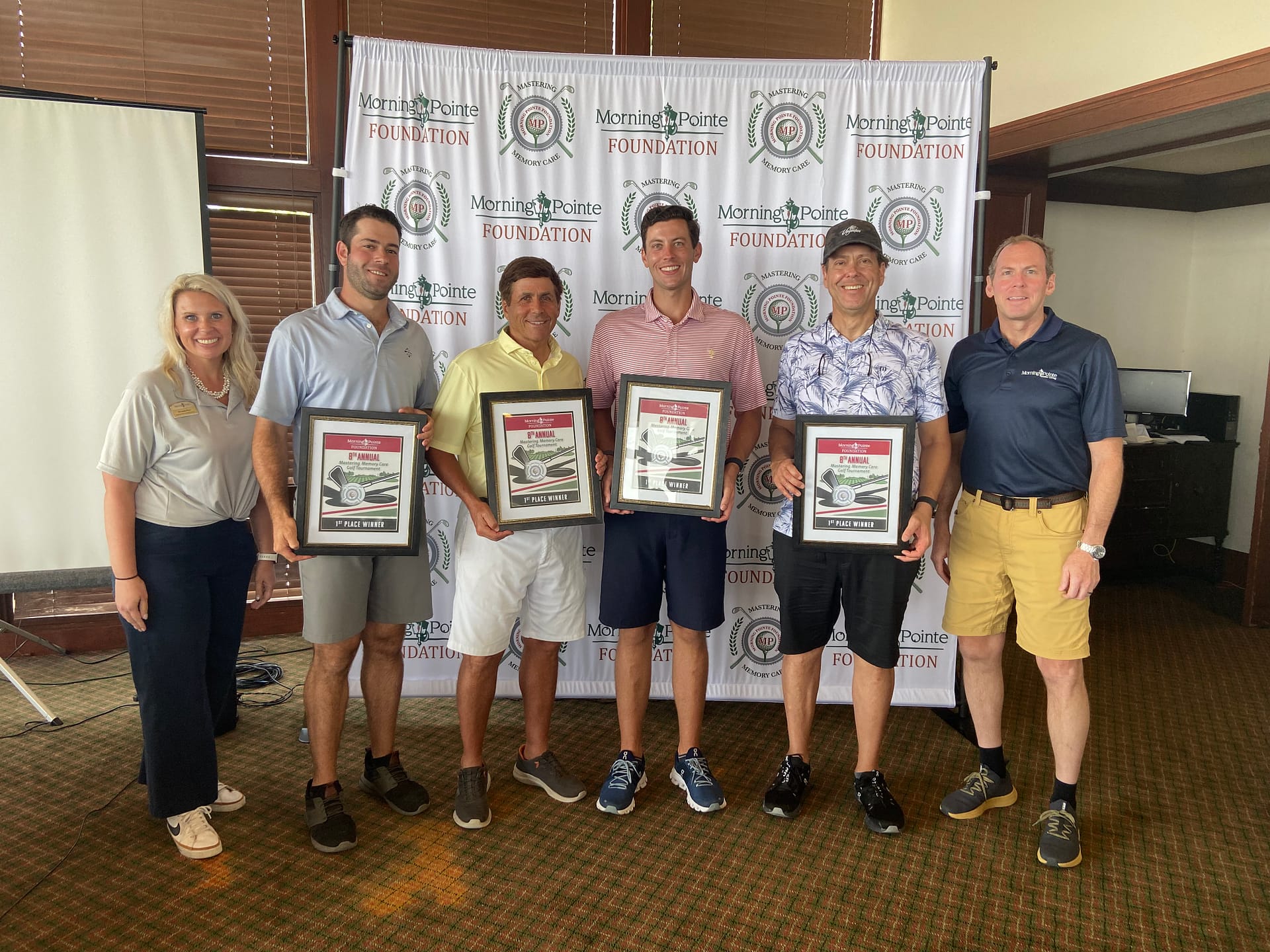 The winning team, First Bank, including members Jim McKenzie, Ben Frizzell, Aaron Frizzell and Lake Johnson