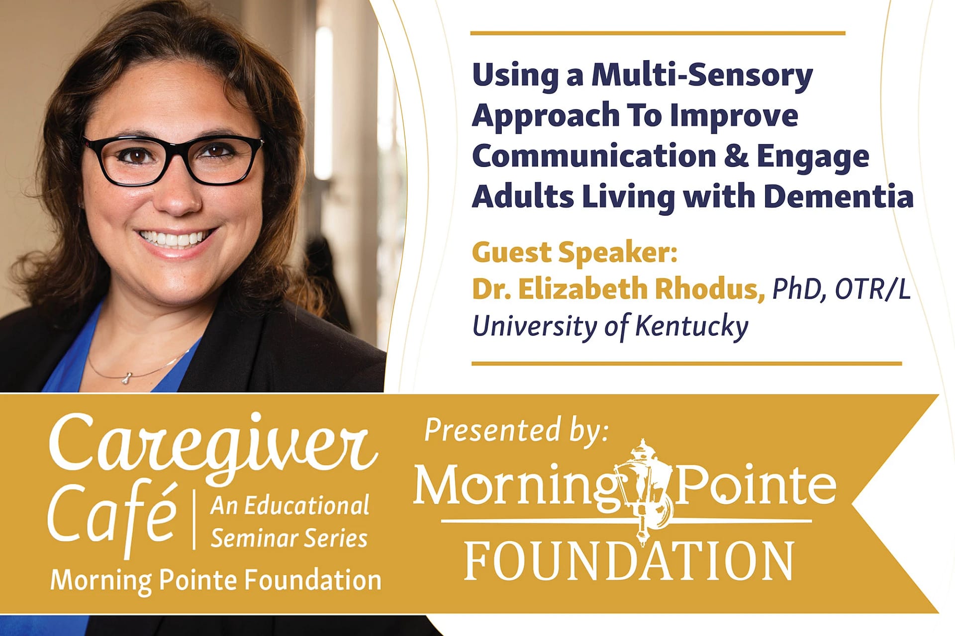 Caregiver cafe flyer featuring guest speaker Dr. Elizabeth Rhodus
