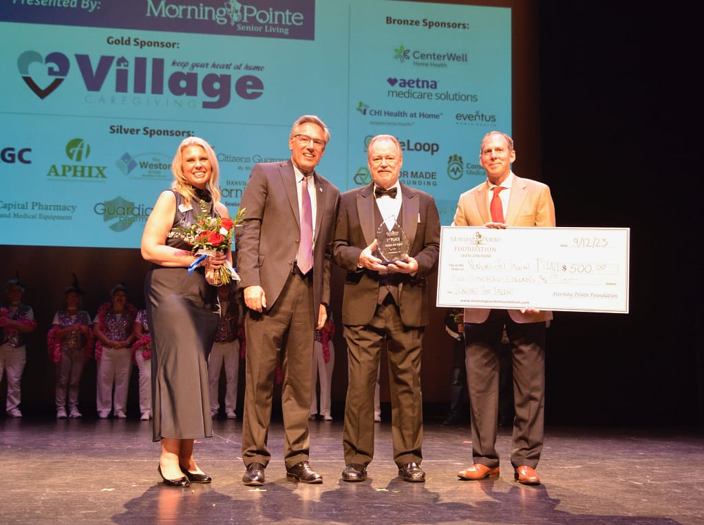 Left to right: Miranda Perez, Morning Pointe Foundation Executive Director; Greg A. Vital, Morning Pointe Senior Living Co-Founder and President; Morning Pointe Foundation Seniors Got Talent - Lexington winner Ron Cheak; and Franklin Farrow, Morning Pointe Senior Living Co-Founder and CEO