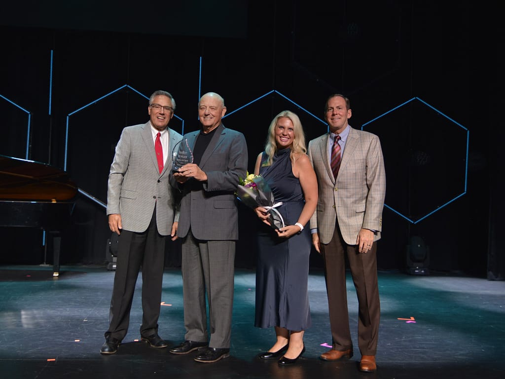 Photo of (left to right): Greg A. Vital, Morning Pointe Senior Living Co-Founder and President; Jim Herman, 2nd place winner; Miranda Perez, Morning Pointe Foundation Executive Director; and Franklin Farrow, Morning Pointe Senior Living Co-Founder and CEO