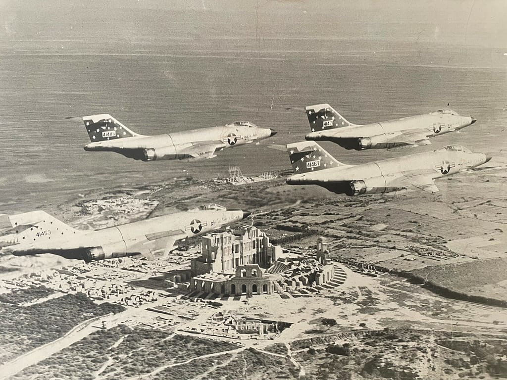 F-101s circling Roman ruins at Sabratha, Libya. John said it took him around 50 tries to get this photo while flying. 