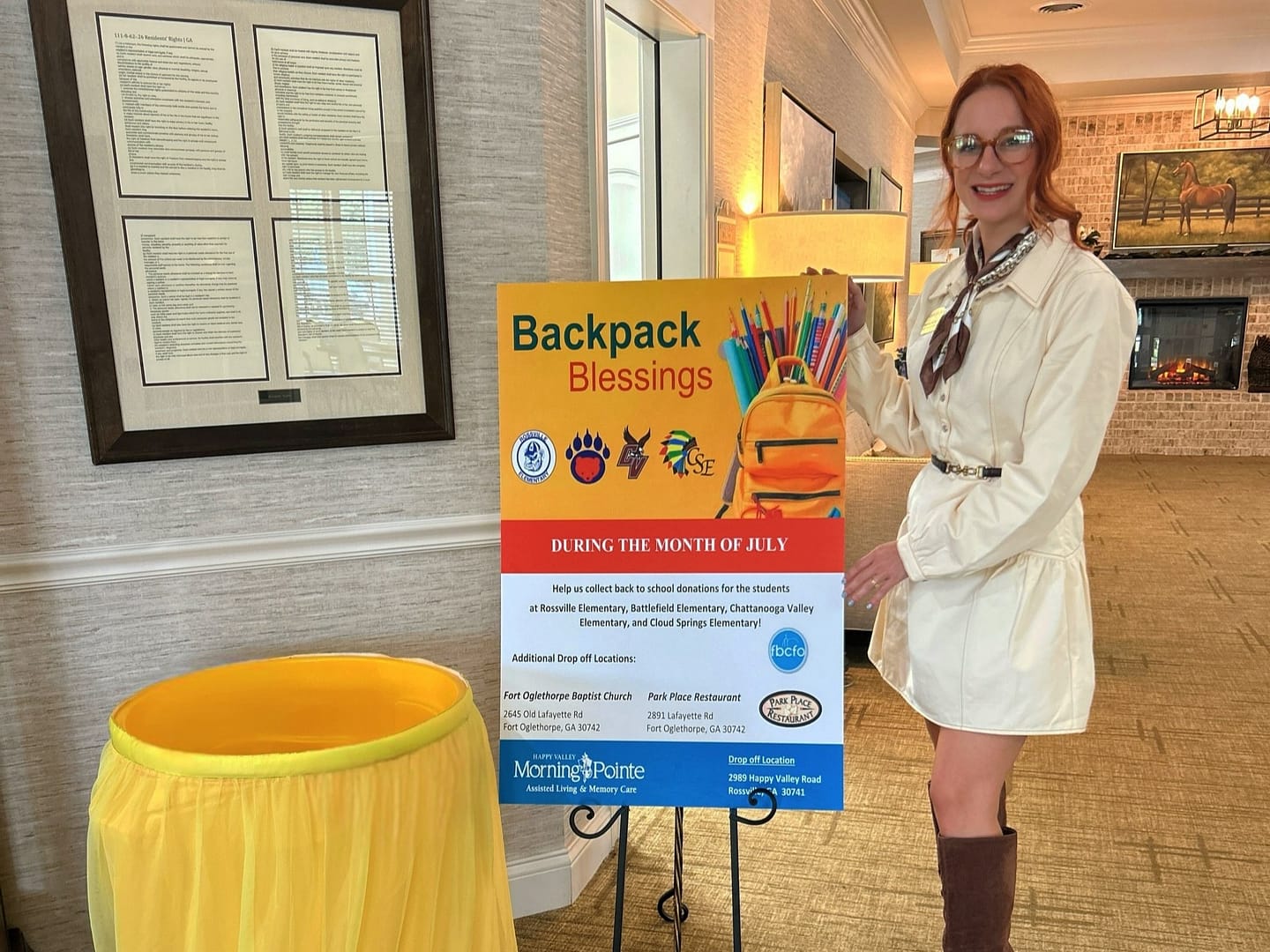 photo of Kristen Weitz with the Backpack Blessings barrel at Morning Pointe at Happy Valley