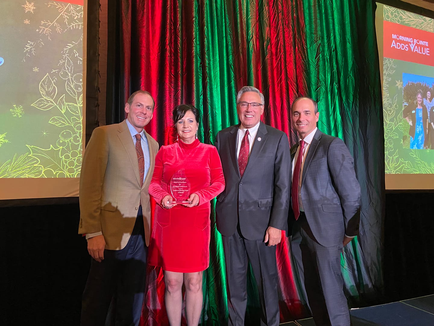 Left to right: Franklin Farrow, Morning Pointe Senior Living Co-Founder and CEO; Cheryl Stephens, Executive Director of The Lantern at Morning Pointe of Russell, winner of the Operational Achievement Award; Greg A. Vital, Morning Pointe Senior Living Co-Founder and President; and Rob Pollard, Morning Pointe's Senior VP of Operations