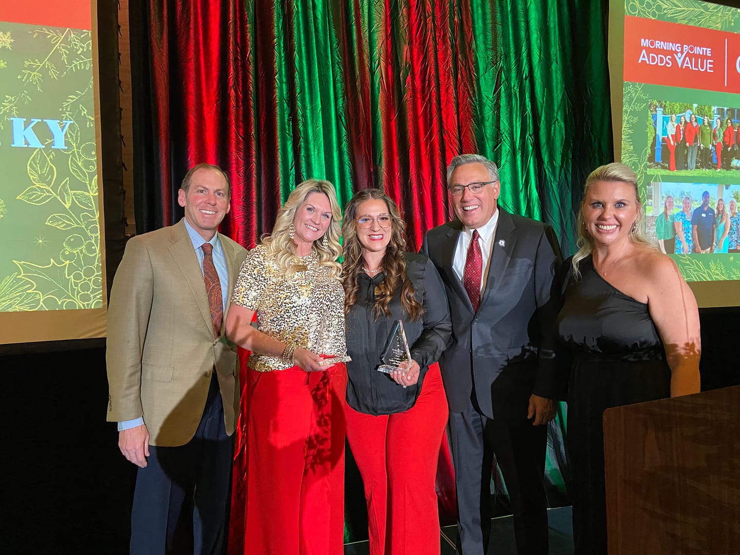 Left to right: Franklin Farrow, Morning Pointe Senior Living Co-Founder and CEO; Lisa Keller, Executive Director of Morning Pointe of Frankfort, KY; Amber Stansberry, Executive Director at The Lantern at Morning Pointe of Frankfort; Greg A. Vital, Morning Pointe Senior Living Co-Founder and President; and Miranda Perez, Morning Pointe Foundation Executive Director