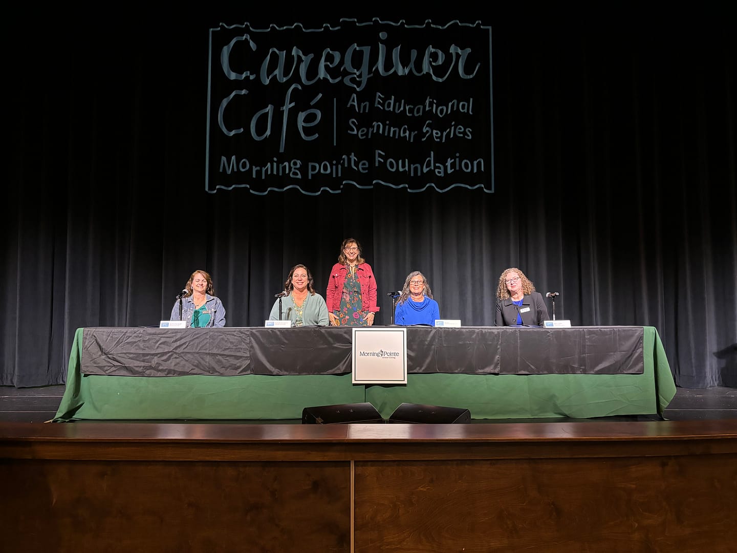 photo of the experts at the Morning Pointe Foundation's 2024 Caregiver Café in Chattanooga, left to right: Mary Ross-Tarkington, Kristi Wick, Amy Boulware, Tara Simpson, and Rebecca Miller