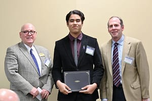 photo of, left to right: Scott Edens, Morning Pointe Senior Living senior VP of professional development; Fred Hutagaol, Southern Adventist University student and Morning Pointe Scholars Endowment recipient; and Franklin Farrow, Morning Pointe Senior Living co-founder and CEO