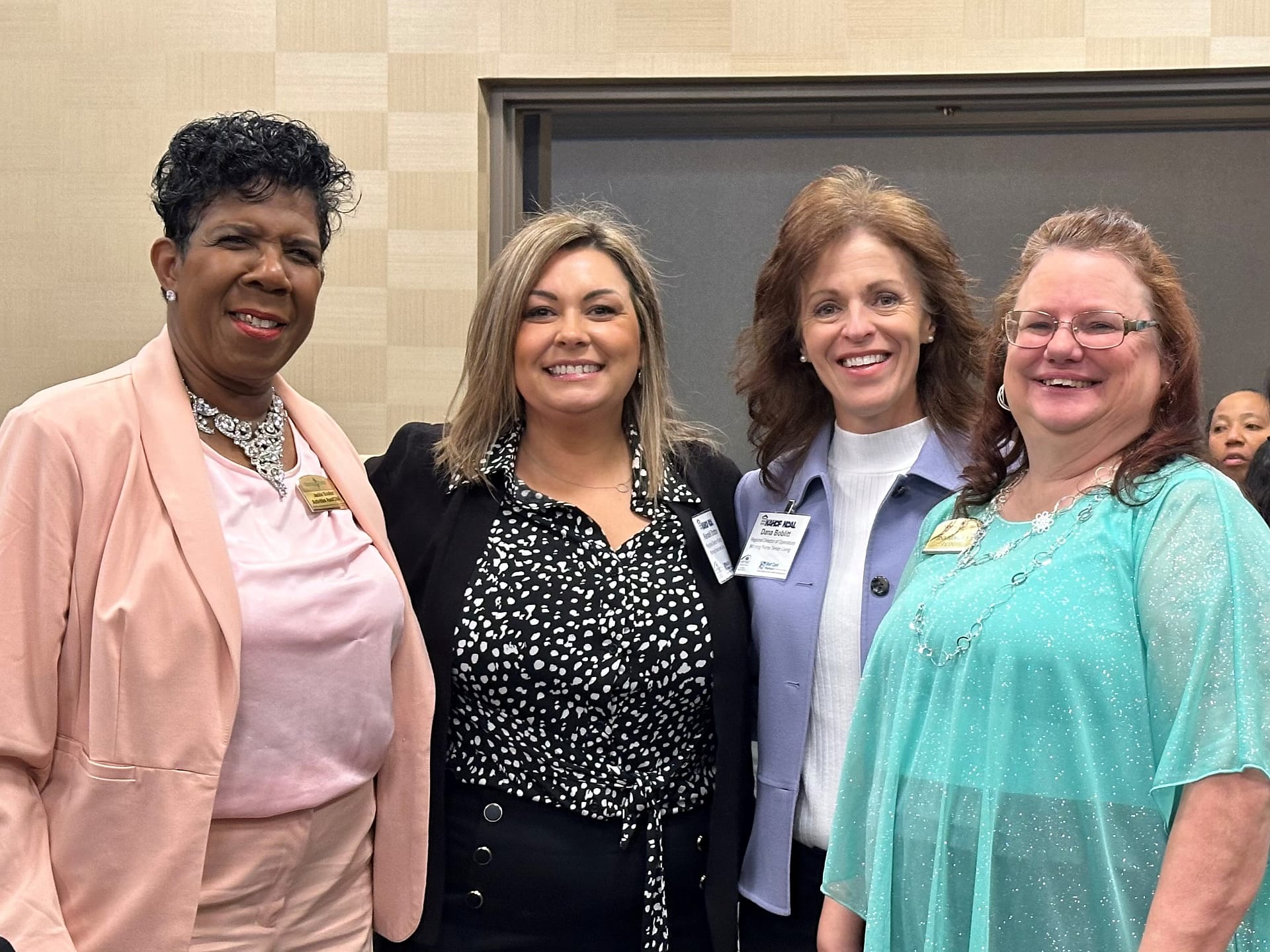 photo of Left to right: Jackie Booker, winner of the Outstanding Caregiver Award and Lantern Program Assistant at The Lantern at Morning Pointe of Louisville, with Kendell Stratton, Bluegrass Region Director of Nursing; Dana Boblitt, Bluegrass Region Vice President; and Tina Hawkins, Director of Nursing at The Lantern at Morning Pointe of Louisville