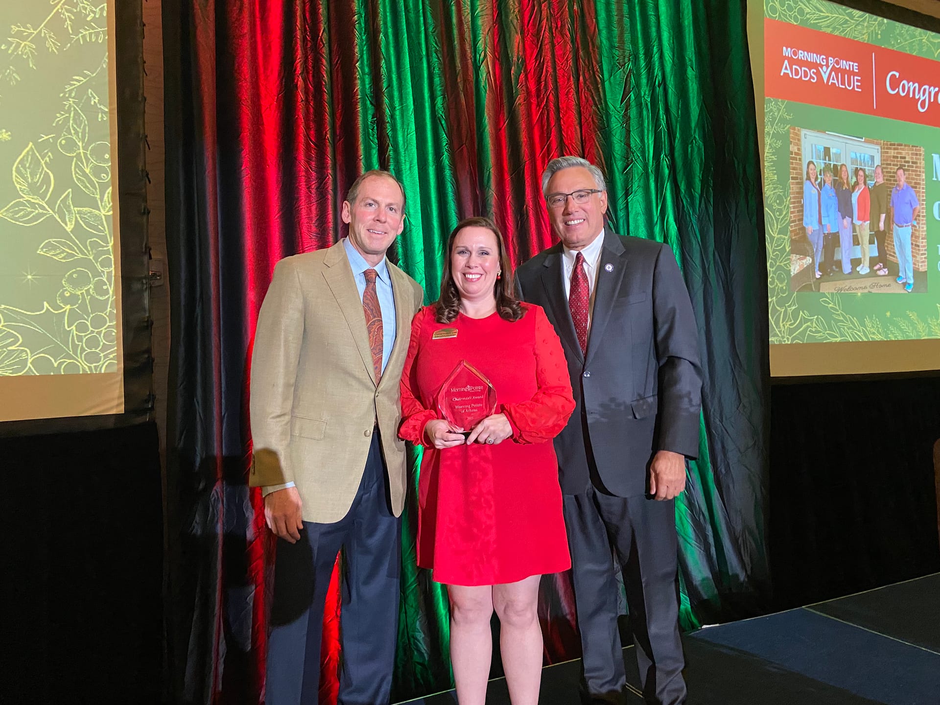 Photo, left to right: Franklin Farrow, Morning Pointe Senior Living Co-Founder and CEO; Crystal Sutton, Executive Director at Morning Pointe of Athens; and Greg A. Vital, Morning Pointe Senior Living Co-Founder and President