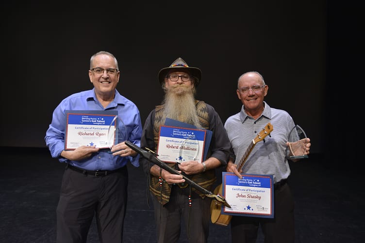 photo of last year's Seniors Got Talent, Lexington winners: Richard Ryan, first-place winner; Robert Mullinax, second-place winner; and John Sirasky, third-place winner