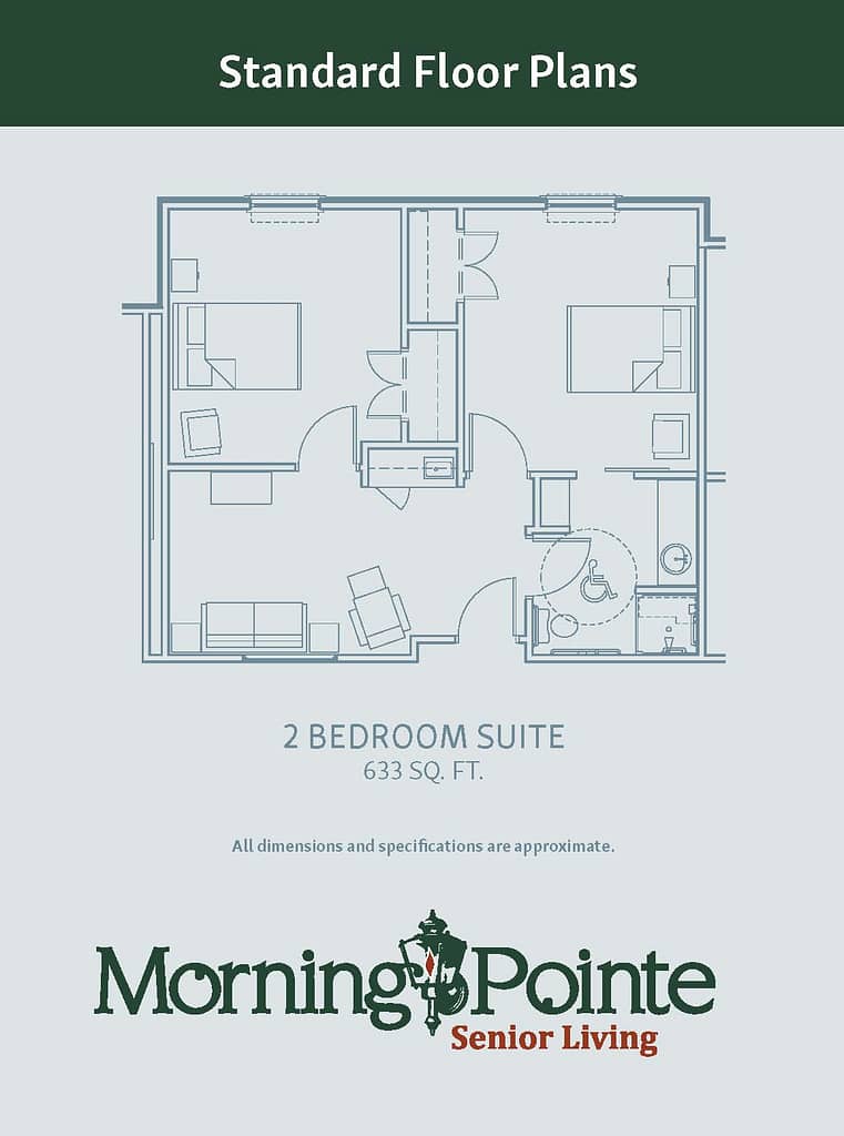633 square foot 2 bedroom suite floorplan