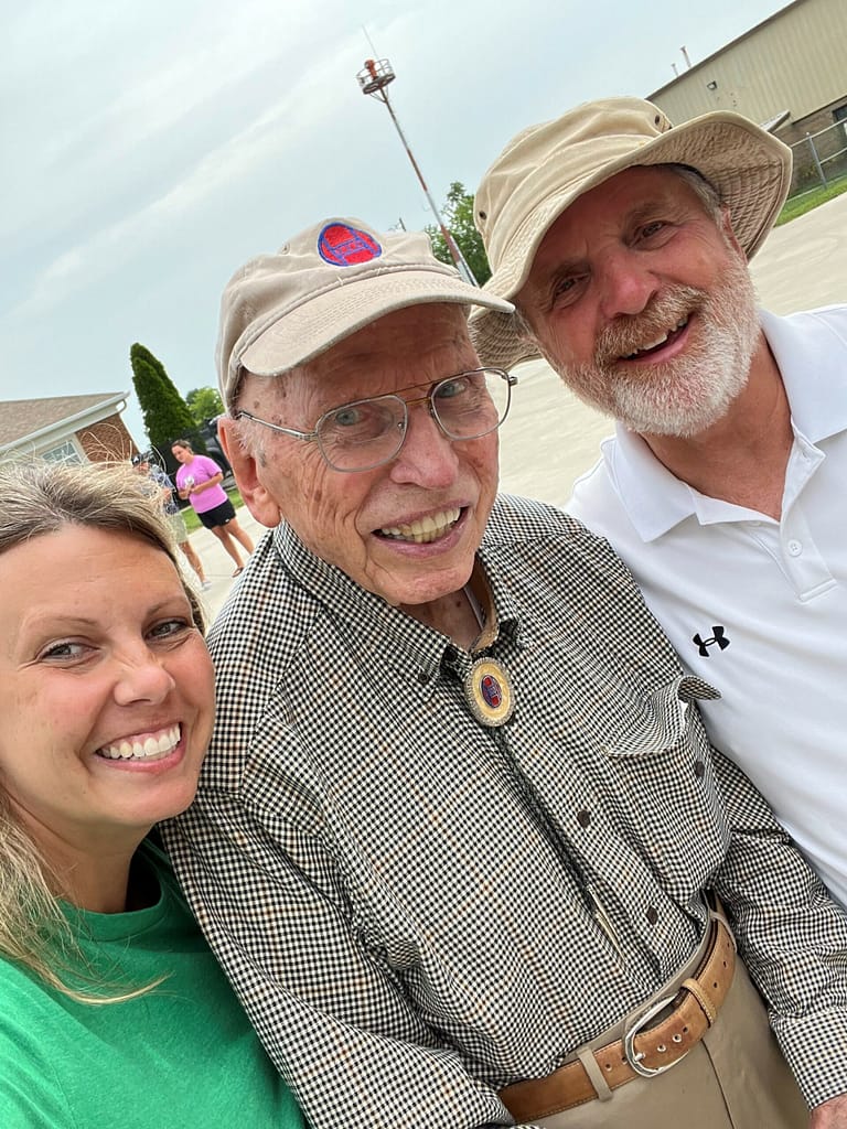 Photo of Nicole Walton, Life Enrichment Director at Morning Pointe of Danville; Eugene Pflughaupt, veteran resident; and Tom Tye, chairman of the Republican Party for Boyle County and volunteer at the Honor Flight