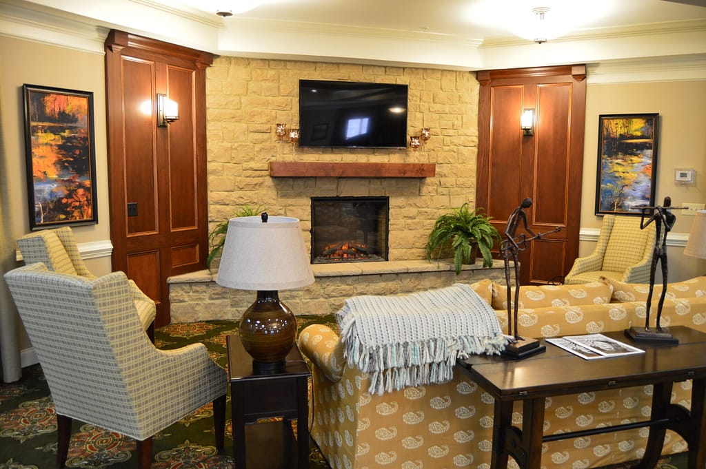 Louisville campus sitting area with fireplace