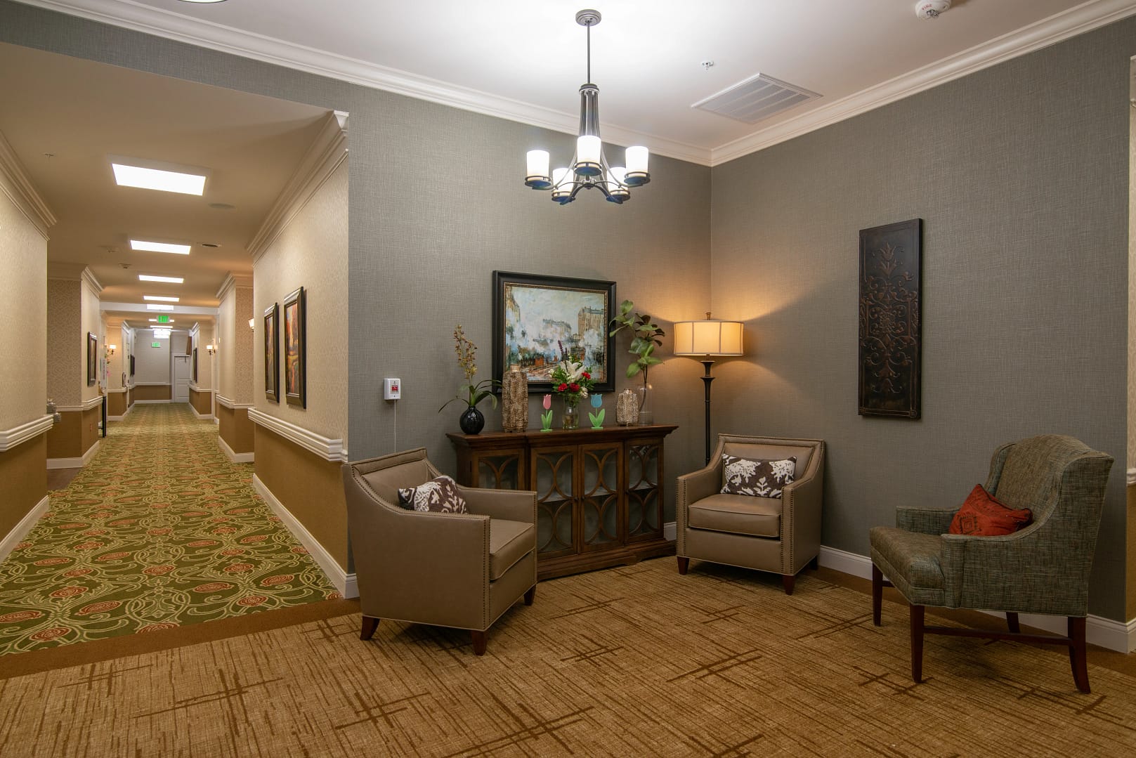 East Hamilton campus hallway with sitting area