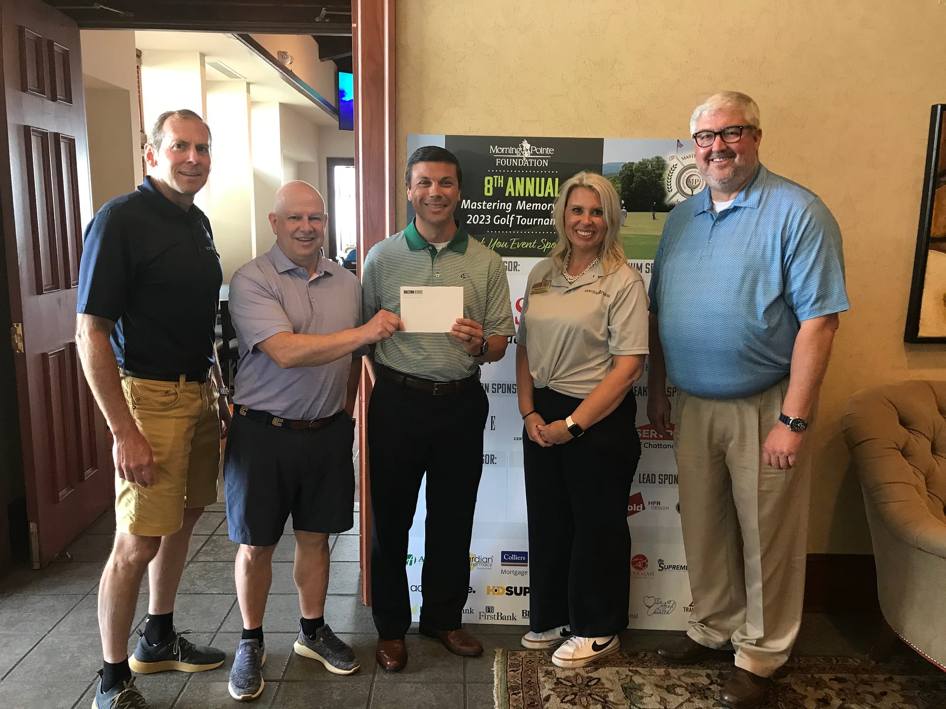 Left to right: Franklin Farrow, Morning Pointe Senior Living Co-Founder and CEO; Doug Brown, Morning Pointe Foundation Board Member; Josh Wilson, Development Coordinator for the Dalton State Foundation; Miranda Perez, Morning Pointe Foundation Executive Director; and David Elrod, Director of the Dalton State Foundation