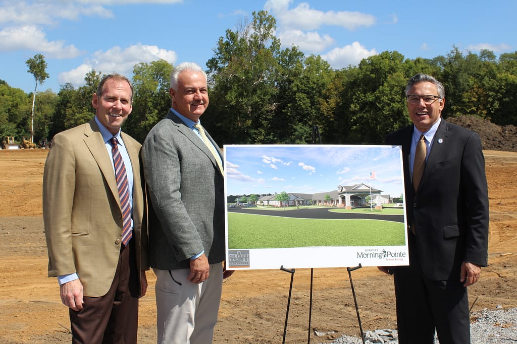photo of (left to right) Franklin Farrow, Morning Pointe Senior Living Co-Founder and CEO; Alan Cameron, owner of East Tennessee Specialty Builders (ETSB); and Greg A. Vital, Morning Pointe Senior Living Co-Founder and President.