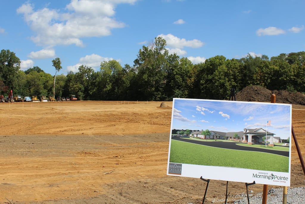 photo of the site and rendering for Phase II of Morning Pointe of Danville Assisted Living
