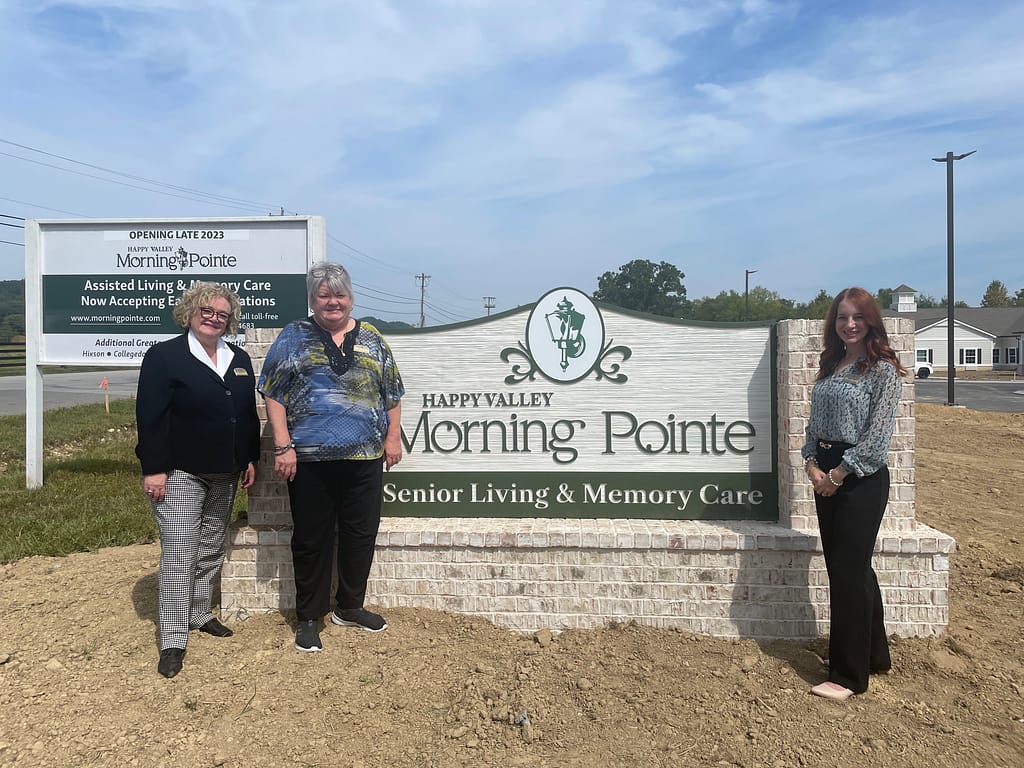 photo of Morning Pointe at Happy Valley, with associates (left to right) Pam Turley, Executive Director; Angie Morgan, Business Office Manager; and Kristen Weitz, Community Relations Director