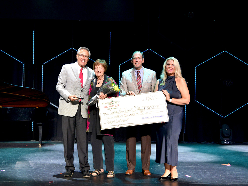 Left to right: Greg A. Vital, Morning Pointe Co-Founder and President; Bonnie Hannah, 2023 Seniors Got Talent Chattanooga grand-prize winner; Franklin Farrow, Morning Pointe Co-Founder and CEO; and Miranda Perez, Morning Pointe Foundation Executive Director.