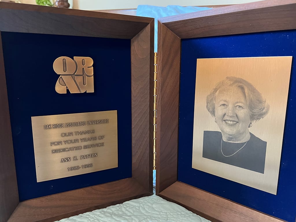 photo of Ann's plaque for her years of service at ORAU