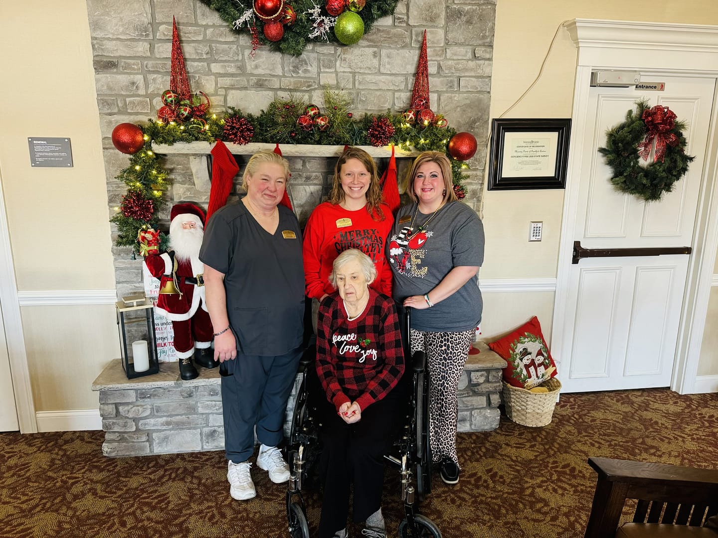 photo of Linda Hahn with (left to right): Becky Parris, Housekeeper; KenEdy Harford, Lantern Program Director; and Vanessa Damron, Business Office Manager