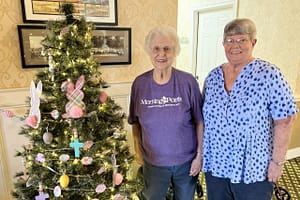 photo of Pat Arnold and Cindy O'Daniel at Morning Pointe of Hixson with the Easter tree