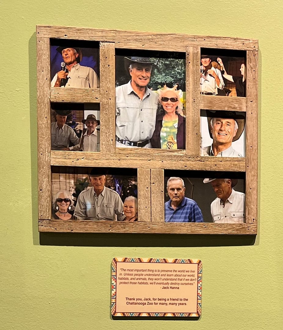 Tom in a photo with zookeeper and TV host Jack Hanna (bottom right) that graces the wall of the Gombe Forest Interpretive Center