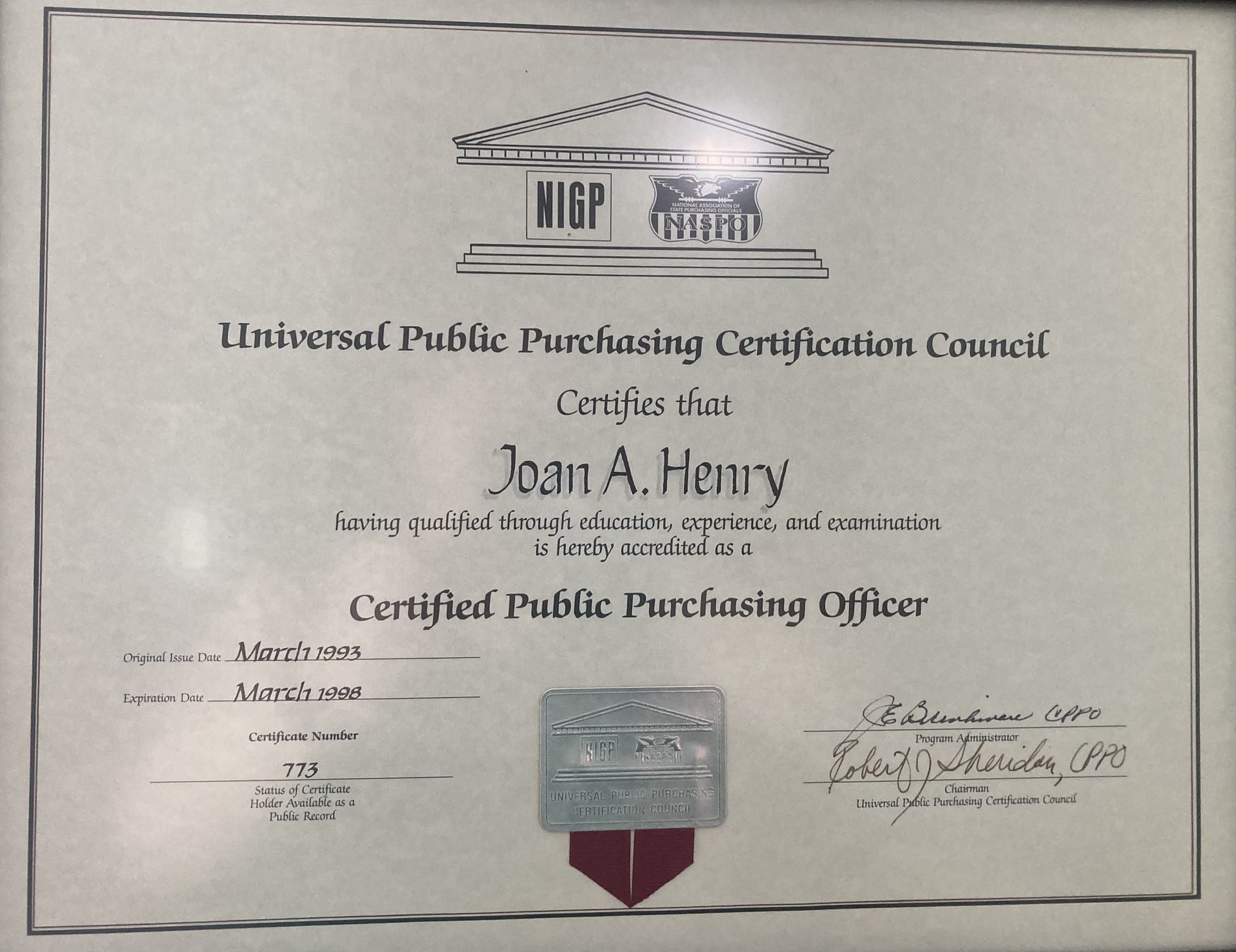 photo of Joan's certification as a Certified Public Purchasing Officer