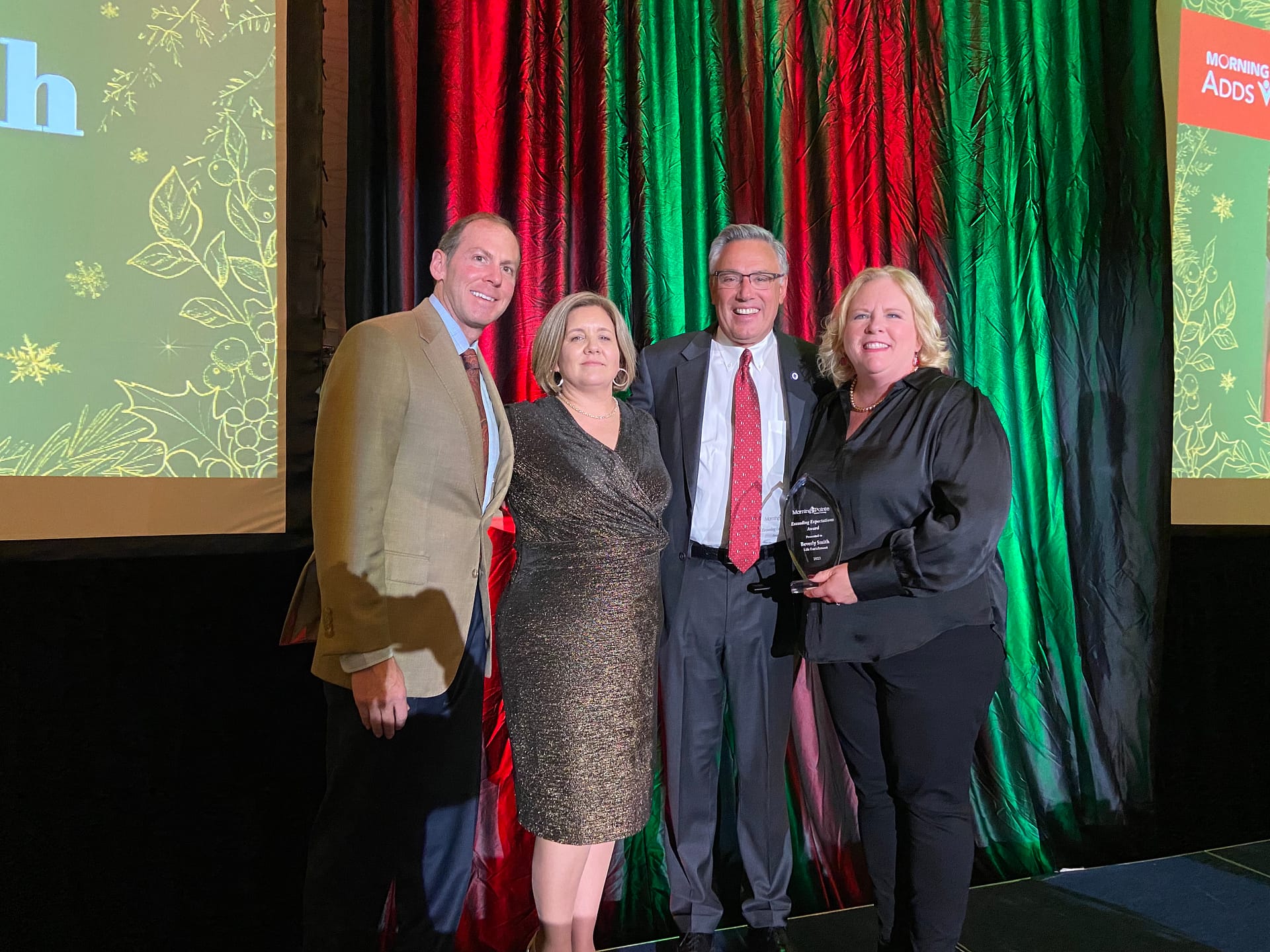 Photo, left to right: Franklin Farrow, Morning Pointe Senior Living Co-Founder and CEO; Tonie Venable, Vice President of Morning Pointe's Cumberland Region; Greg A. Vital, Morning Pointe Co-Founder and President; and Beverly Smith, Life Enrichment Director at Morning Pointe of Powell and Exceeding Expectations winner for Life Enrichment and Alzheimer’s Programming