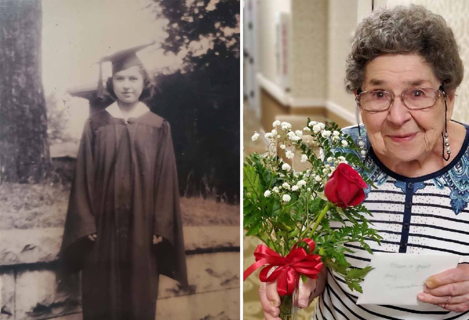 One photo of Vincenta Cooper when she graduated college, and another photo of Vincenta cooper holding flowers recently