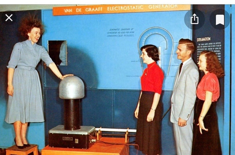 photo of Ann demonstrating the Van de Graaff generator that was used on a postcard