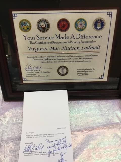 Jenny's service recognition from the Veterans Affairs office