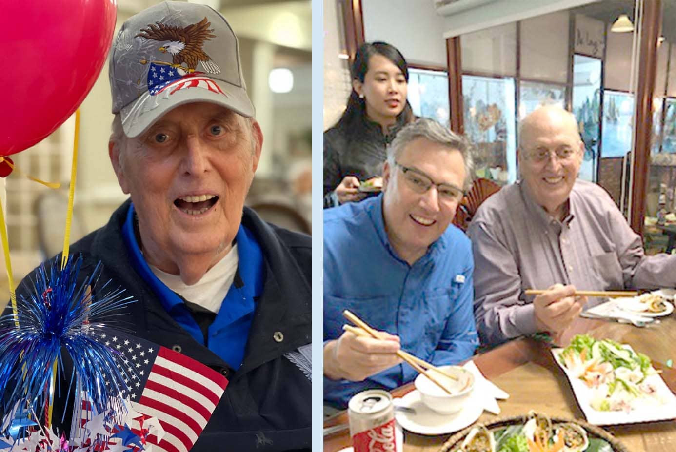 Two Photos: One of Bill Gauntt Smiling with the a small flag and balloon, another photo of Mr. Gauntt and Greg Vital in Vietnam in a restaurant