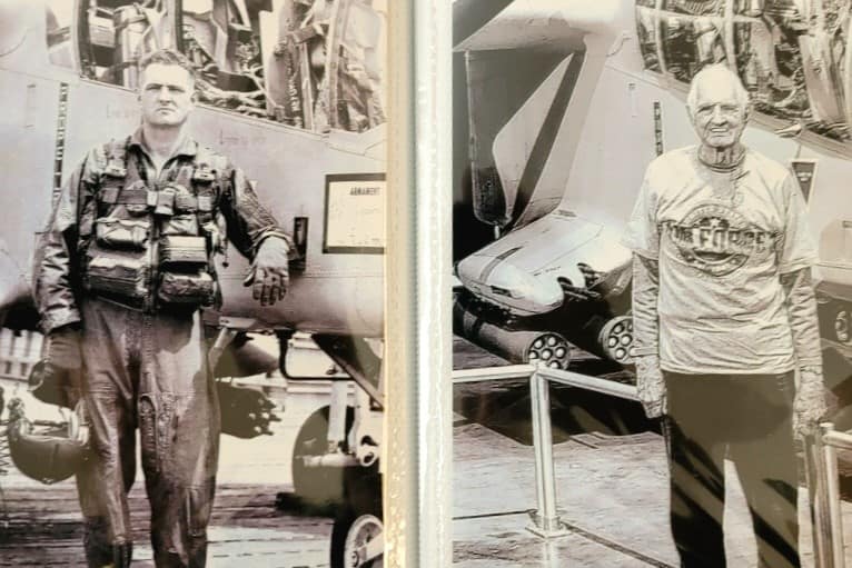 photo of Russ Rickard as a pilot and on his trip to the National Museum of the United States Air Force