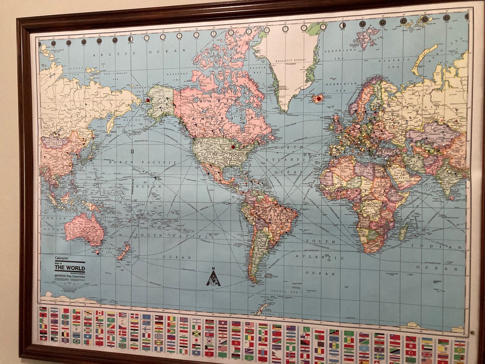 Photo of a world map in the Hopes’ room with pushpins showing where they have been